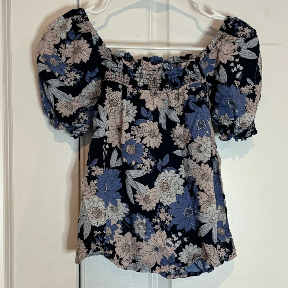 J. Crew Zinnia Floral Square Smock Neck Puff Short Sleeve Top XXS